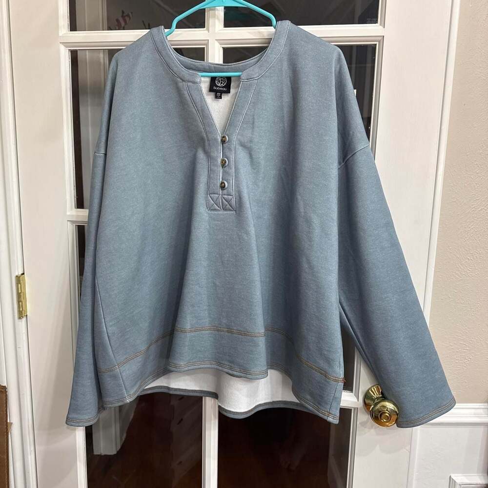 Bobeau Henley Sweatshirt Oversized Blue White